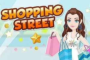Kobieta z ciemnymi włosami trzymająca kolorowe torby na zakupy na tle napisu Shopping Street