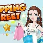 Kobieta z ciemnymi włosami trzymająca kolorowe torby na zakupy na tle napisu Shopping Street