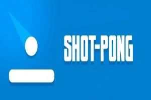 Biała piłka i paletka na niebieskim tle z napisem SHOT-PONG