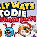 Kolorowi, animowani bohaterowie w świątecznych przebraniach z napisem Silly Ways to Die Christmas Party na tle choinki i prezentów