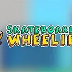 Postać w kasku i okularach słonecznych jeżdżąca na deskorolce obok kolorowego napisu Skateboard Wheelie