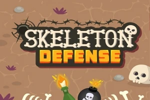 Napis Skeleton Defense na tle ziemi, otoczony czaszkami, kośćmi, butelką z płomieniem i bombą z czaszką