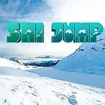 Zaśnieżone góry z jasnozielonym napisem Ski Jump i ikoną narciarza w lewym górnym rogu