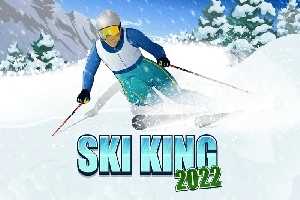 Narciarz zjeżdżający po zaśnieżonym stoku górskim w otoczeniu drzew, z dużym napisem Ski King 2022 na dole
