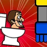 Mężczyzna z uśmiechem na twarzy siedzący w muszli klozetowej na tle czerwonych promieni oraz pięciopalczasta mechaniczna ręka po prawej stronie