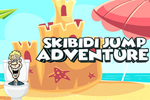 Postać w toalecie na plaży obok zamku z piasku i parasola z napisem Skibidi Jump Adventure