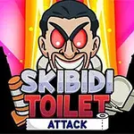 Postać z czerwonymi oczami z przerażającym uśmiechem na tle jasnych kolorów oraz tekstem Skibidi Toilet Attack
