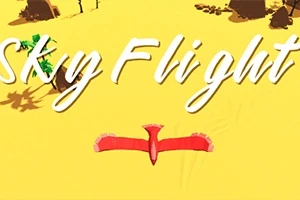 Żółte tło z czerwonym ptakiem w locie i dużym napisem Sky Flight na górze