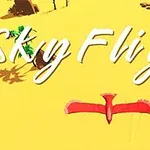 Żółte tło z czerwonym ptakiem w locie i dużym napisem Sky Flight na górze