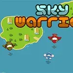 Widok z góry na kolorowe samoloty lecące nad morzem obok wysp z budynkami, z napisem Sky Warrior u góry