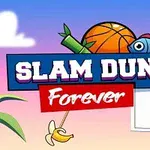 Logo z napisem Slam Dunk Forever, piłką do koszykówki, niebieską rybką, bananem i koszem na tle nieba