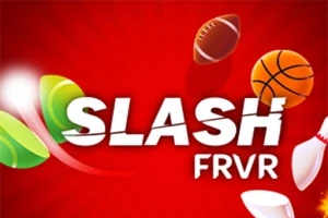 Czerwone tło z napisem SLASH FRVR otoczonym przez różne przedmioty sportowe, takie jak piłka do futbolu amerykańskiego, koszykówki, oraz lotka do badmintona