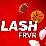 Czerwone tło z napisem SLASH FRVR otoczonym przez różne przedmioty sportowe, takie jak piłka do futbolu amerykańskiego, koszykówki, oraz lotka do badmintona