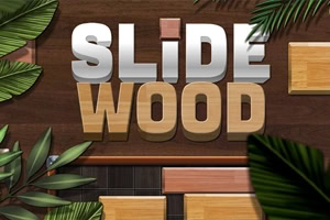 Napis „SLIDE WOOD z drewnianymi klockami i zielonymi liśćmi na ciemnym tle