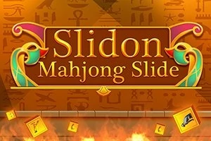 Napis Slidon Mahjong Slide na tle wzorów przypominających hieroglify, z unoszącymi się płytkami wokół