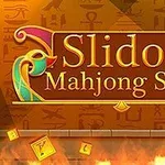 Napis Slidon Mahjong Slide na tle wzorów przypominających hieroglify, z unoszącymi się płytkami wokół