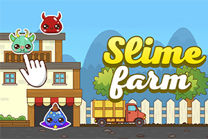 Kolorowa grafika z uroczymi, kreskówkowymi stworzeniami, ręką wskazującą na jedno z nich, ciężarówką obok budynku oraz napisem Slime farm