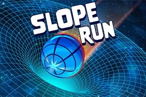 Niebieska kula tocząca się po zakrzywionej siatce w kosmicznej scenerii z napisem Slope Run