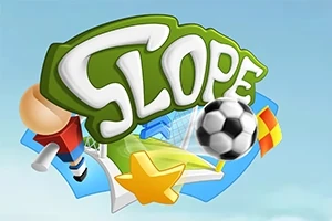 Logo z napisem Slope w otoczeniu piłki nożnej, gwiazdy, chorągiewki i postaci gracza na tle nieba