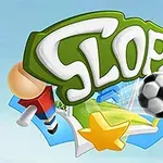 Logo z napisem Slope w otoczeniu piłki nożnej, gwiazdy, chorągiewki i postaci gracza na tle nieba