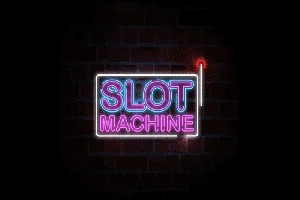 Neonowy napis SLOT MACHINE na tle ceglanej ściany