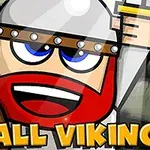 Postać kreskówkowego wikinga w hełmie i z czerwoną brodą na tle kamiennej ściany, z tekstem Small Viking