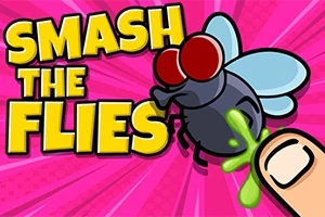 Duży rysunek muchy z czerwonymi oczami i niebieskimi skrzydłami na różowym tle obok napisu SMASH THE FLIES oraz grafika palca z zieloną plamą