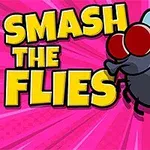 Duży rysunek muchy z czerwonymi oczami i niebieskimi skrzydłami na różowym tle obok napisu SMASH THE FLIES oraz grafika palca z zieloną plamą