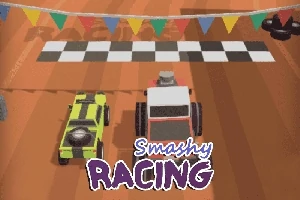 Dwa animowane pojazdy na starcie przed szachownicową linią mety, z kolorową girlandą nad nimi i napisem Smashy Racing na dole