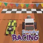 Dwa animowane pojazdy na starcie przed szachownicową linią mety, z kolorową girlandą nad nimi i napisem Smashy Racing na dole