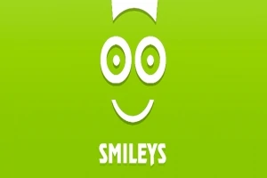 Zielone tło z białym rysunkiem uśmiechniętej twarzy i napisem SMILEYS poniżej