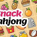 Kolorowe ikony jedzenia takie jak owoce, pizza, i ciastka na beżowym tle z napisem Snack Mahjong na środku