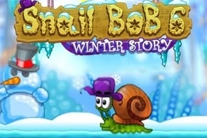 Ślimak w fioletowym kapeluszu porusza się po zimowym krajobrazie, na tle którego znajduje się bałwan z cylindrem i napis „Snail Bob 6: Winter Story”