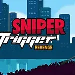 Grafika przedstawia postać z karabinem snajperskim na tle sylwetki miasta z tytułem Sniper Trigger Revenge