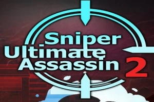 Niebieski celownik z tekstem Sniper Ultimate Assassin 2 na ciemnym tle