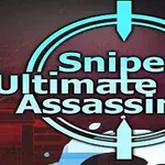 Niebieski celownik z tekstem Sniper Ultimate Assassin 2 na ciemnym tle