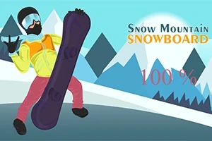 Postać w stroju snowboardowym trzymająca deskę snowboardową na tle górskich szczytów z jasnym błękitnym niebem i tekstem „Snow Mountain Snowboard 100%”