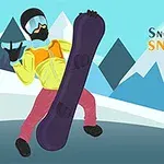 Postać w stroju snowboardowym trzymająca deskę snowboardową na tle górskich szczytów z jasnym błękitnym niebem i tekstem „Snow Mountain Snowboard 100%”