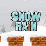 Bałwan w kapeluszu na tle zimowego krajobrazu z drzewami, stojący na cegłach z napisem Snow Rain