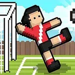Pixelowa postać w czerwonej koszulce kopiąca piłkę do bramki na tle drewnianego płotu i błękitnego nieba