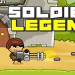 Żołnierz w hełmie strzelający z ciężkiego karabinu, na tle kamiennego budynku z napisem SOLDIER LEGEND w górnej części