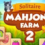 Na tle pola pojawia się napis „Solitaire Mahjong Farm 2” otoczony przez rysowane postacie krowy i konia, z ikonami wiejskich przedmiotów i owoców
