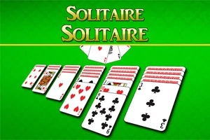 Zielone tło z kartami do gry ułożonymi w rzędzie, z napisem Solitaire u góry
