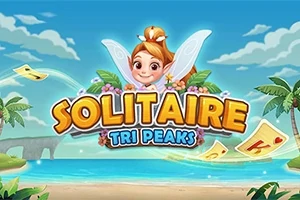 Postać z blond włosami i skrzydłami nad napisem „SOLITAIRE TRI PEAKS” na tle tropikalnej plaży z palmami i kartami do gry w powietrzu