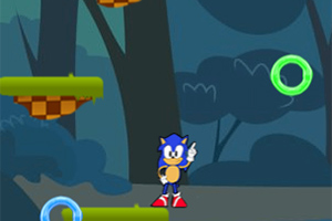 Sonic Jumper Niebieski jeż stojący na tle leśnej scenerii z platformami i błyszczącymi pierścieniami