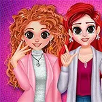 Trzy uśmiechnięte postacie w kolorowych strojach na różowym tle w jednolitym wzorze