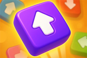 Fioletowy klocek z białą strzałką skierowaną w górę na tle kolorowych klocków