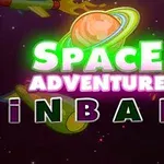 Kolorowe logo z napisem Space Adventure Pinball na tle kosmosu z planetą i rakietami