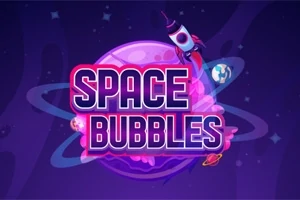 Ilustracja z napisem Space Bubbles na tle fioletowej planety z pierścieniami, rakietą i planetami w przestrzeni kosmicznej