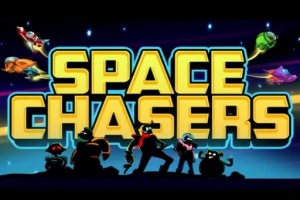 Postacie w różnych pozach na tle dużego napisu SPACE CHASERS, otoczone kosmicznymi pojazdami na nocnym niebie